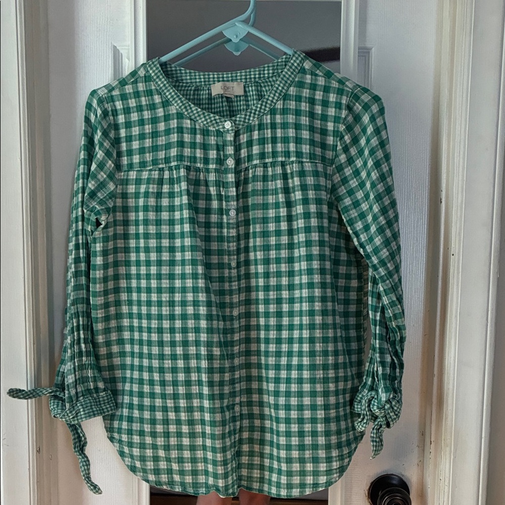 LOFT Green Checkered Blouse